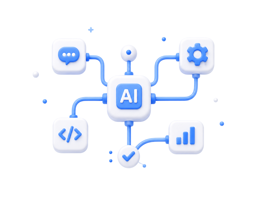 Illustration of an AI core wired to chat, code, settings, analytics and approval tiles